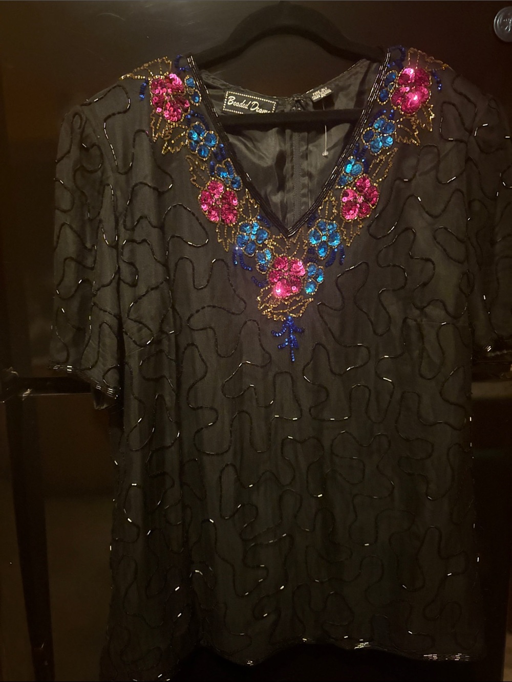 Beaded V-Neck Silk  Black Top with Pink & Blue Floral Embellishment